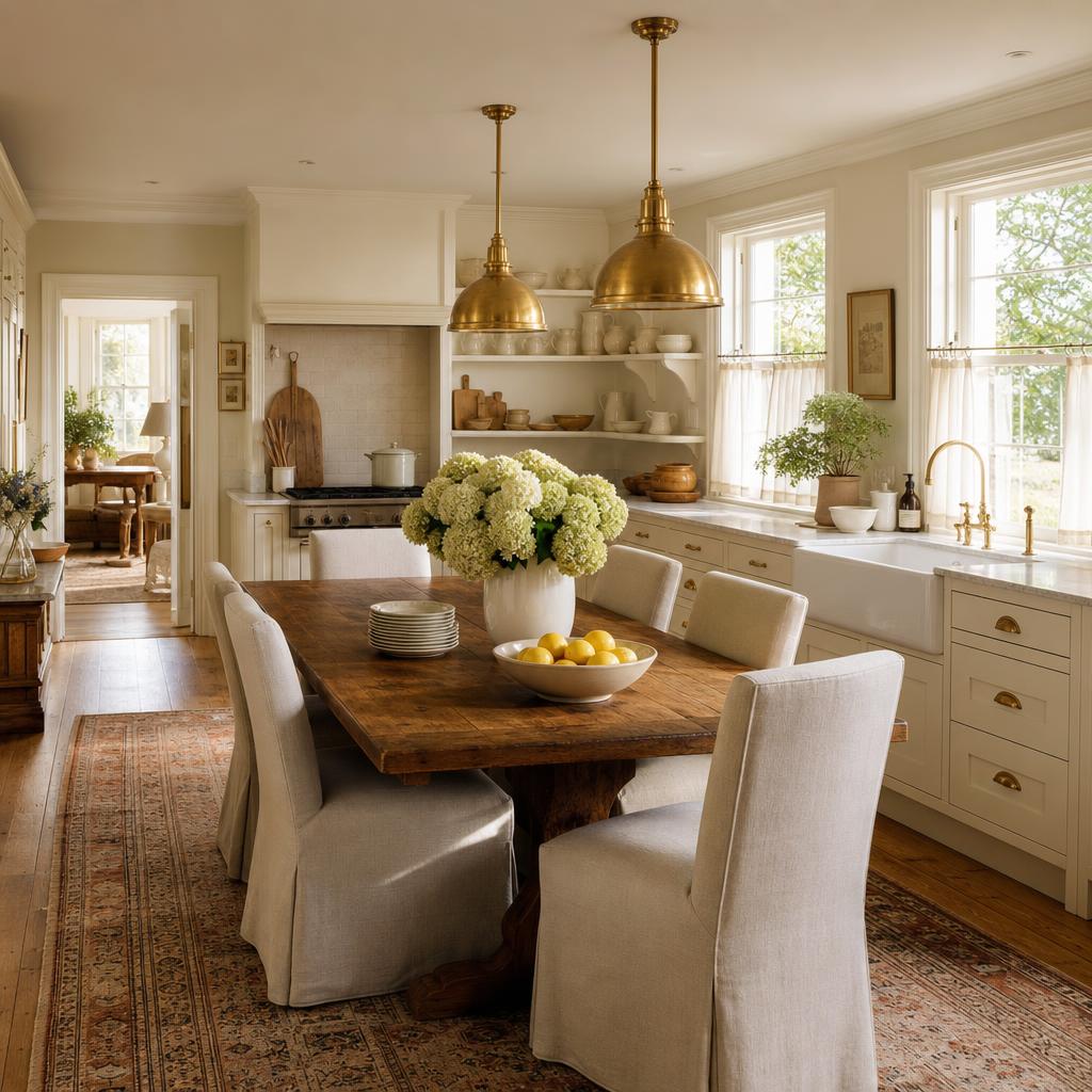 Cream kitchen with marble worktop, brass pendants, a wooden dining table and linen chairs