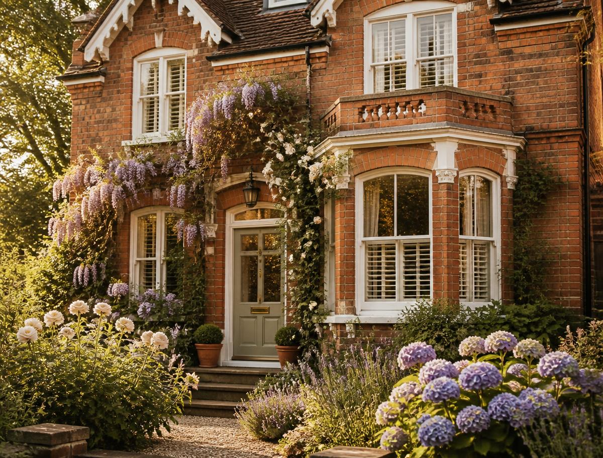 A Victorian red brick house with ornate white sash windows, bay windows, climbing wisteria and roses in late afternoon light