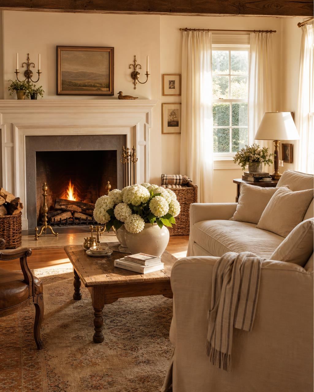Sunlit cream living room with a lit fireplace, linen curtains and white hydrangeas