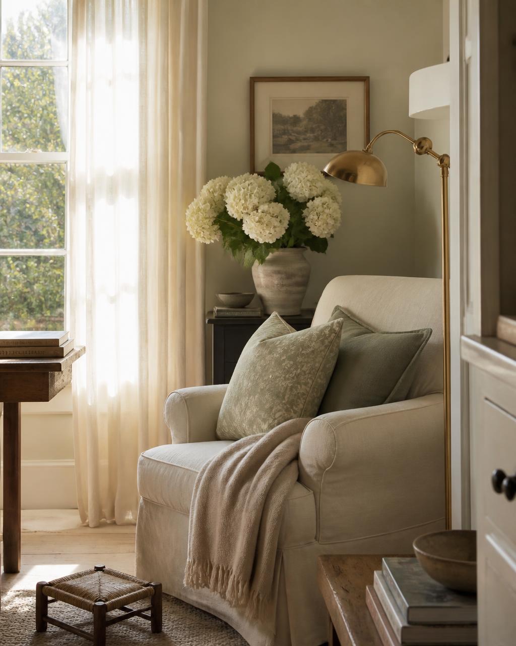 Sunlit cream armchair with linen throw, white hydrangeas and a brass reading lamp in a calming cottage corner